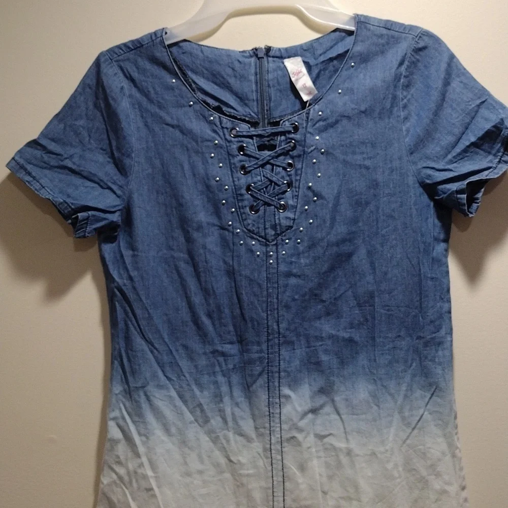 Justice Girls Ombré Chambray Lace-Up Dress – Size 12 – Short Sleeve Denim Look